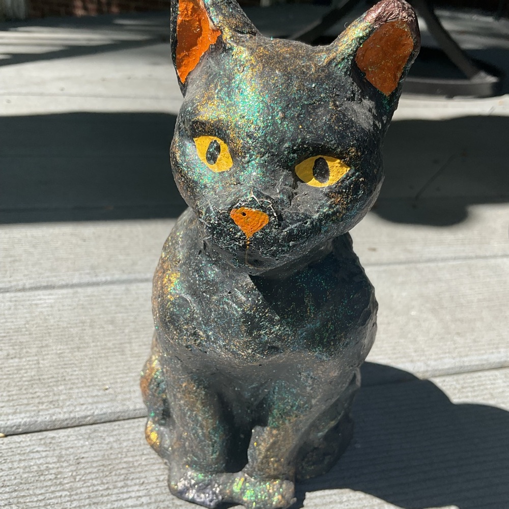 Vintage Tenna Flannel Glitter Black Cat Statue Paper Pulp 9”